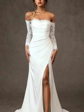 Azazie Onyx Off-Shoulder White Lace Sleeve Bridal Gown Size 6 Nwt